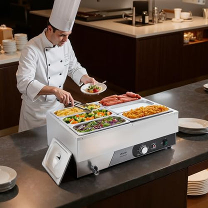VEVOR Commercial Food Warmer, 1500W Electric Stainless Steel Steam Food Warming with Lid, Fast Heating Countertop Buffet Bain Marie with Six 1/3 Size Food Pans, for Catering, Restaurant and Party - size: 6*1/3Pan;15CM Depth