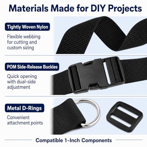 1 Inch Straps and Buckles Set, 12 Yards Nylon Webbing Strap, 12 Pack Release Buckles, 24 Tri-Glide Slide Clips, 12 Pack Metal D-Rings MaHeavy Duty Adjustable Quick Snap Fasteners, No Sewing Required - size: 1" 12 Pcs Buckle Set