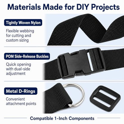 1 Inch Straps and Buckles Set, 12 Yards Nylon Webbing Strap, 12 Pack Release Buckles, 24 Tri-Glide Slide Clips, 12 Pack Metal D-Rings MaHeavy Duty Adjustable Quick Snap Fasteners, No Sewing Required - size: 1" 12 Pcs Buckle Set