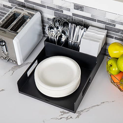 Mind Reader Utensil Napkin and Plate Organizer Tray, Countertop Caddy with 7 Compartments, Holds Plates up to 10.5 Inches, Breakroom and Buffet Organizer, Plastic, Black (Pack of 4) - size: Napkin & Plate Holder (Pack of 4)