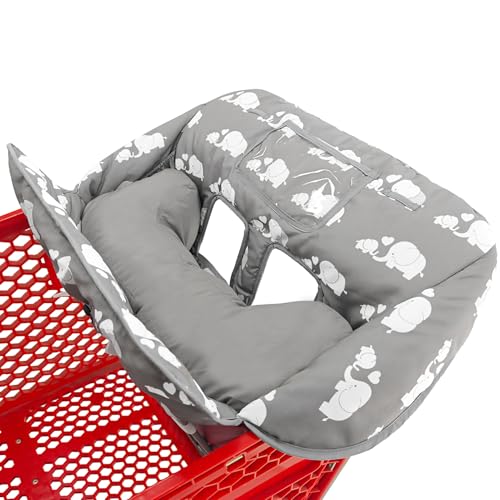 Love&go Soft Pillow Attached 2-in-1 Shopping Cart and High Chair Cover for Baby, Cotton Padded Cart Cover, Fold'n Roll Style, Portable with Carry Bag (Gray Elephant) - color: Gray Elephant