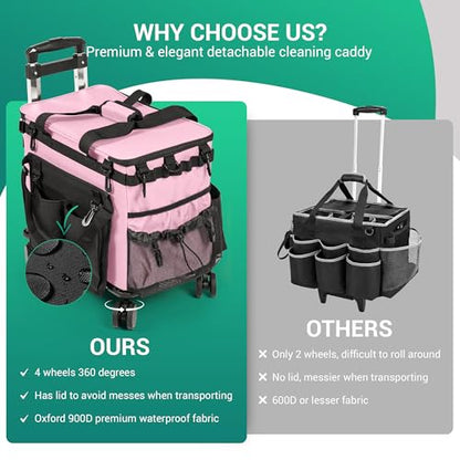 Rolling Cleaning Caddy Bag w/Detachable Trolley & Lid (Pink) - color: Pink