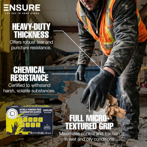 Ensure Black Nitrile Gloves Heavy-Duty Texture Grip Low Derma Patented - size: Small