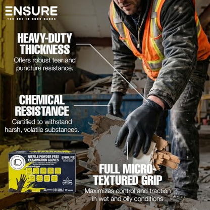 Ensure Black Nitrile Gloves Heavy-Duty Texture Grip Low Derma Patented - size: Small