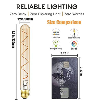 Leools Vintage LED Spiral Filament Bulb T10, 8.9inch Long Tubular Dimmable Edison Light Bulbs,E26 Base,Amber Glass,Warm White,2200K, 400LM(40W Equivalent), Pack of 4 - style: 8.9in(225mm)