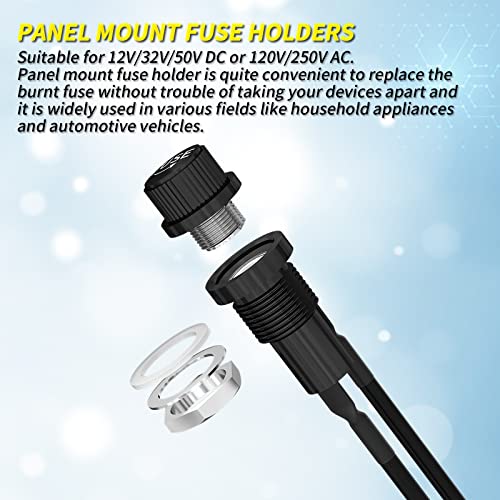 Joinfworld Panel Mount Fuse Holder 5x20mm 12V DC 250V AC Screw Cap Fuse Holders with Pre-Soldered Wires and Fast-Blow Glass Tube Fuses - 5Pack