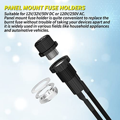 Joinfworld Panel Mount Fuse Holder 5x20mm 12V DC 250V AC Screw Cap Fuse Holders with Pre-Soldered Wires and Fast-Blow Glass Tube Fuses - 5Pack
