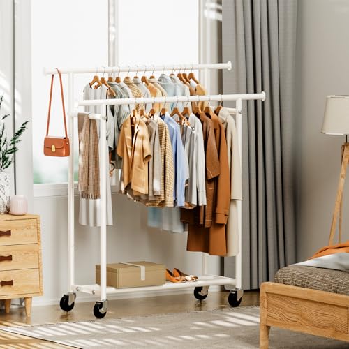 HYSEYY Clothes Rack, Double Rods Rolling Clothing Rack for Hanging Clothes, Portable Garment Rack with Wheels, Coat Rack Wardrobe Closet Load 240 LBS for Bedroom Laundry Room (White, L) - color: White