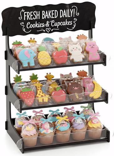 HOTCAN Cookie Display Stand for Bakers & Vendors with Acrylic Front | Wooden Dessert Stand with Chalkboard Sign for Market Booths, Craft Fairs & Events | 3 Tiered Cookie Display for Cupcakes, Muffins & Pastries (Black) - color: Black, size: 3 Tier