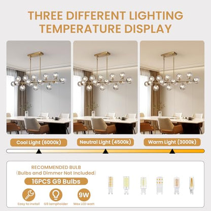 Globe Gold Chandelier Smoke Grey Linear Rectangle Modern Chandeliers Glass Pendant Light Fixture Adjustable for Dining Living Room Kitchen Island 55" - color: Grey-55n