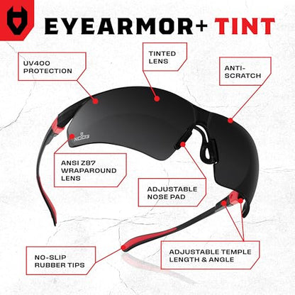 NoCry Safety Sunglasses with Green Tinted Wraparound Lenses; Tinted Safety Glasses for Men and Women with Adjustable Arms & No-Slip Grips; Work Glasses with UV 400 Protection; ANSI Z87.1 Rated - color: Black & Red