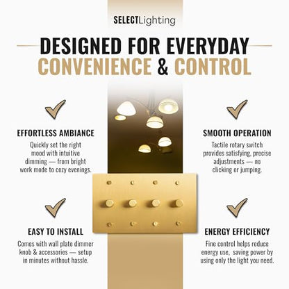 SELECT 4 Gang Solid Brass Rotary Dimmer Switch, 3-Way & 1-Way Compatible - color: Satin Brass, size: 4 Gang, style: 1/3-Way Dimmer