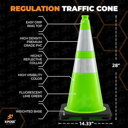 Xpose Safety 28” Lime Green Traffic Cone Dual 6" & 4" Reflective Collar - color: Lime, size: 28" 7lb. Cone