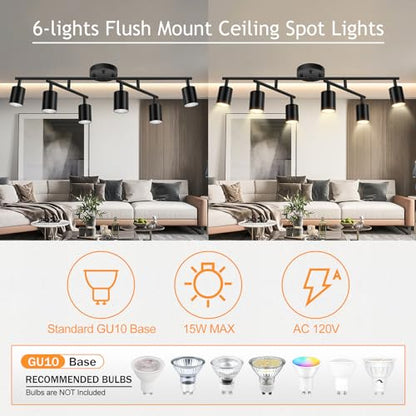 BoostArea 6 Light Track Lighting Kit, Black 6 Way Ceiling Spot Lighting, Center Swivel Track Light Heads, Flexibly Rotatable Light Head for Kitchen, Living Room, Bedroom, GU10 Bulb Not Included - color: Rotatable-6 Light-black