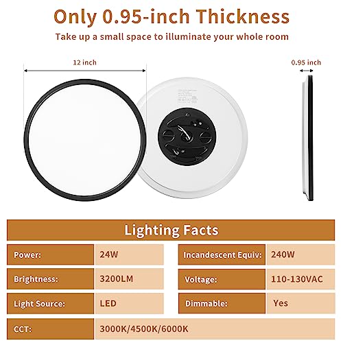 6-Pack 12Inch LED Ceiling Lights Flush Mount Black 3200LM, Dimmable Ceiling Light Fixtures, 3000K 4500K 6000K CCT, 24W Super Slim Low Profile Modern Ceiling Light for Bedroom Bathroom Hallway Kitchen - color: Black, size: 6 Packs