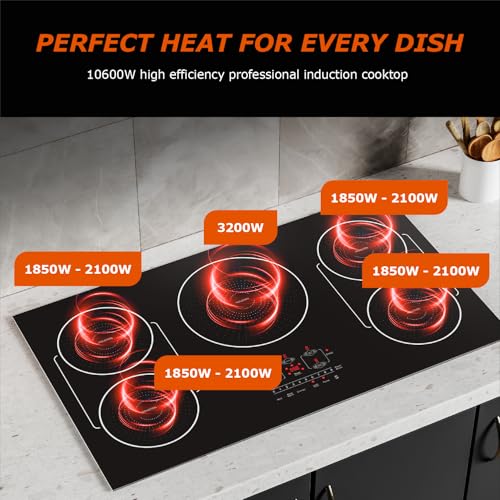 36 Inch Induction Cooktop 5 Burners, Drop-in, Hardwired, Black - size: 36 Inch