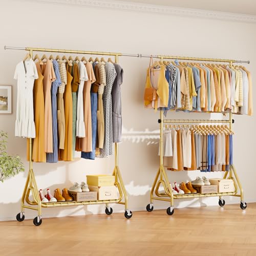 Heavy Duty Clothes Rack for Hanging Clothes, Double Rods Clothing Rack with Lockable Wheels, Rolling Garment Racks with Shelf, Easy to Assemble, Gold - color: Gold, size: Doule Rods
