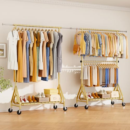 Heavy Duty Clothes Rack for Hanging Clothes, Double Rods Clothing Rack with Lockable Wheels, Rolling Garment Racks with Shelf, Easy to Assemble, Gold - color: Gold, size: Doule Rods