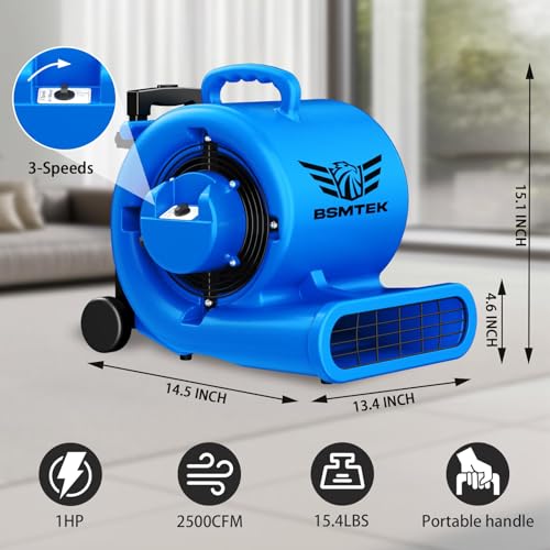 5000 CFM 1HP Air Mover Blower Fan, Floor Blower Dryer, 3 Speeds, 4 Adjustable Angles, Handle Wheelkit, 15Ft Long Cord Portable, Stackable - 2026 Upgraded, Blue - color: Blue, size: 5000CFM