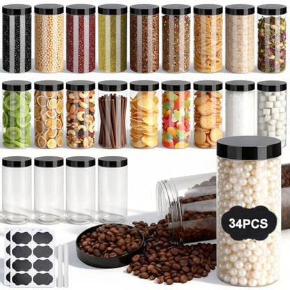 Plastic Jars with Lids,OBKJJ 34 PCS 16 OZ Large Capacity Clear Storage Containers with Leakproof Lids Reusable Empty Storage Container for Dry Food Spice Candy Cookie Household and Kitchen Organizing