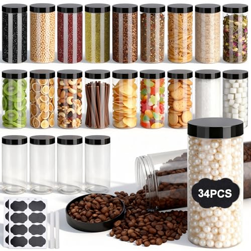 Plastic Jars with Lids,OBKJJ 34 PCS 16 OZ Large Capacity Clear Storage Containers with Leakproof Lids Reusable Empty Storage Container for Dry Food Spice Candy Cookie Household and Kitchen Organizing