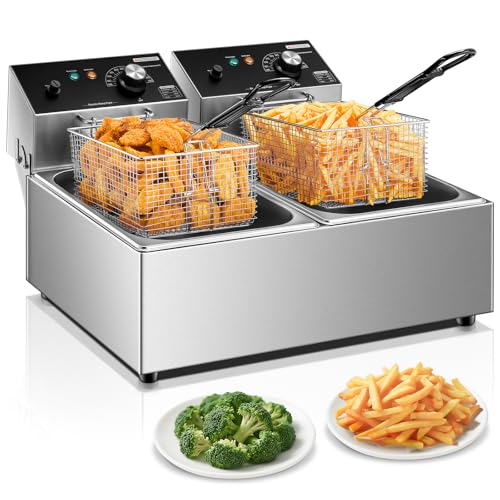 HOUSNAT Commercial Deep Fryer with Basket, 3400W 20.7QT/19.6L Electric Deep Fryer with 2 x 6.35 QT Removable Baskets, Stainless Steel Countertop Fryer for Restaurant or Home Use