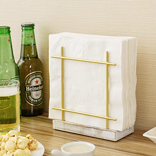 MyGift Napkin Holder, Brass-Tone Metal with Whitewashed Wood Base - color: Gold/ Whitewashed