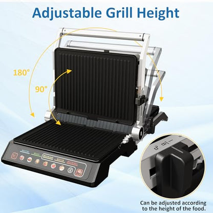 3-in-1 Indoor Grill & Griddle: 180° Flat Opening, Preset Menu, 1600W Electric Panini Press Sandwich Maker with Removable Non-stick Plates, Easy to Clean (Black, 14.25x13.4x5.9″) - size: Extra Large