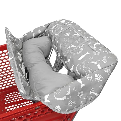Love&go Soft Pillow Attached 2-in-1 Shopping Cart and High Chair Cover for Baby, Cotton Padded Cart Cover, Fold'n Roll Style, Portable with Carry Bag (Gray Seaworld) - color: Gray Seaworld