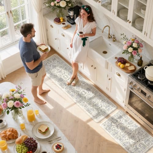 KIMODE Kitchen Floor Mats Cushioned Anti Fatigue Rugs Sets of 2 - color: Multi-blue, size: 20"x71"+20"x32"--0.47 inches