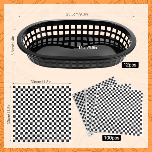 Rainmae Plastic Food Baskets with Parchment Paper Liners, 12 Fast Food Baskets with 100 Deli Paper Sheets, Snacks Basket, Candy Fruits basket, Plastic Baskets, Restaurant Baskets for Food-Retro Style - color: Black(12 Pcs+100 Deli Paper）