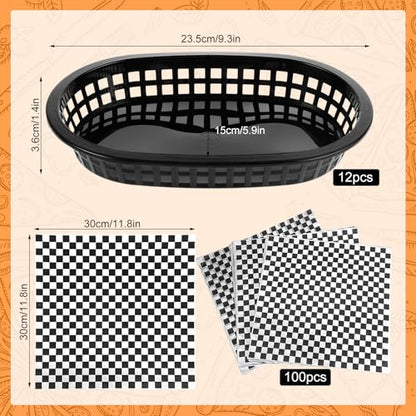 Rainmae Plastic Food Baskets with Parchment Paper Liners, 12 Fast Food Baskets with 100 Deli Paper Sheets, Snacks Basket, Candy Fruits basket, Plastic Baskets, Restaurant Baskets for Food-Retro Style - color: Black(12 Pcs+100 Deli Paper）