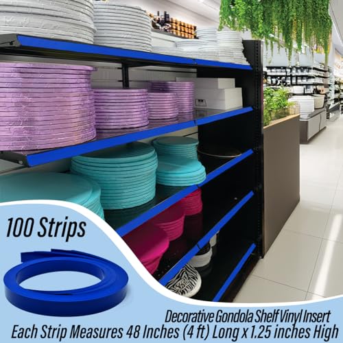 Decorative Gondola Shelving Pre Cut Vinyl Insert Strips 48" x 1.25" Shelf C-Channel, Blue, 100 Pack - color: Blue