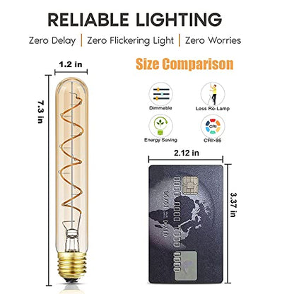 Leools Dimmable T10 LED Bulbs, Warm White 2200K Amber, 7.3inch Long Tubular Light Bulb, 40 Watt Vintage Edison LED Filament Bulb,400lm,E26 Base Led Tube Bulb,Amber Glass,Pack of 4 - style: 7.3in(185mm)