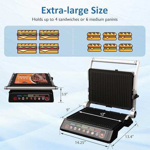 3-in-1 Indoor Grill & Griddle: 180° Flat Opening, Preset Menu, 1600W Electric Panini Press Sandwich Maker with Removable Non-stick Plates, Easy to Clean (Black, 14.25x13.4x5.9″) - size: Extra Large
