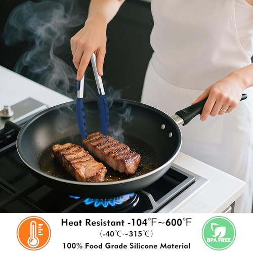 HOTEC Stainless Steel Kitchen Tongs with Silicone Tips, Set of 2-7" and 9" - color: Classic Blue:9+7inch