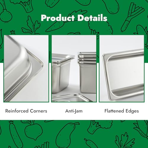 HECMAC 6 Pack Anti-Jam Hotel Pans, 1/4 Size 4 Inch Deep, Commercial Stainless Steel Chafing Steam Table Pan, Catering Storage Metal Food Pan, 23 Gauge - size: 1/4 Size, 4" Deep