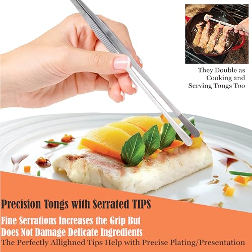 Professional Culinary Stainless Steel Precision Tongs With Serrated Tips - Plating/Food Presentation Detailing Serving - Chef's Kitchen Tweezer - Ultra Non-Slip Grip (12" Wide Jaws) - size: 12" Wide Jaws