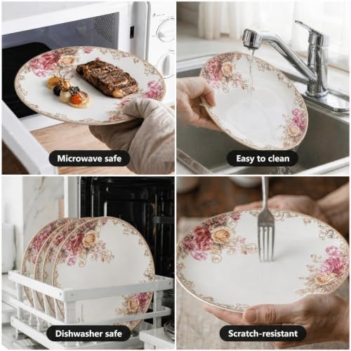 Bone China Dinnerware Set for 4, 12 Pcs Floral Plates and Bowls, Rose Bloom - color: Blush rose