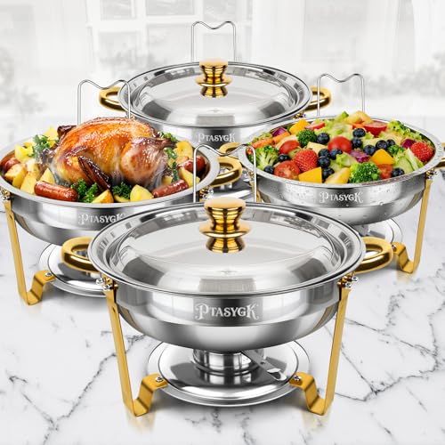 Round Chafing Dishes Buffet 4 Pack 5QT Gold Stainless Steel Lid - size: Gold-4 PACK