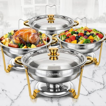 Round Chafing Dishes Buffet 4 Pack 5QT Gold Stainless Steel Lid - size: Gold-4 PACK