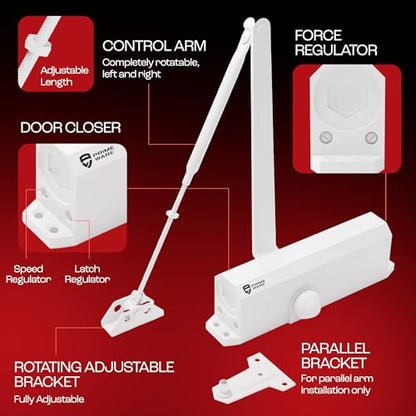 PrimeWare DC-600 Adjustable Automatic Door Closers for Home | Soft Close, No Slam | Residential and Commercial Door Closer | Level 1-6 | for Doors Weighing 30-300 lbs | Hydraulic Door Spring - White - size: Level 1-6, style: White