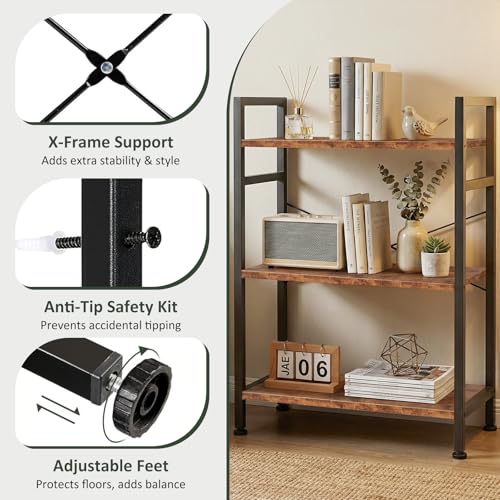 3 Tier Bookshelf, Free Standing Bookcase with Open Storage Shelves - color: Rustic Brown, size: 3 Tier