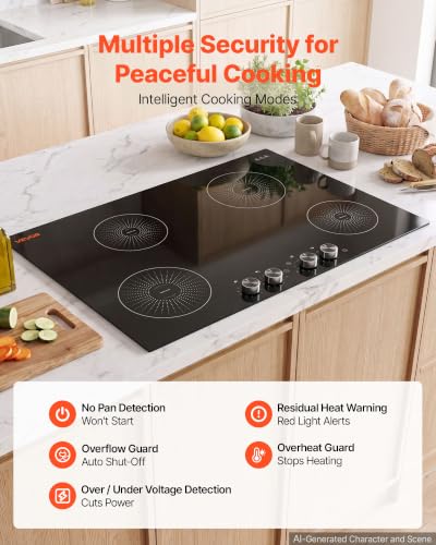 VEVOR Induction Cooktop 30inch 4 Burners Built-in Electric Stove 220V 7200W, Low-Power Continuous Heating, Induction Burner for Kitchen, with 11 Power Levels, Knob Control, and Child Lock - size: 30In -knob Control