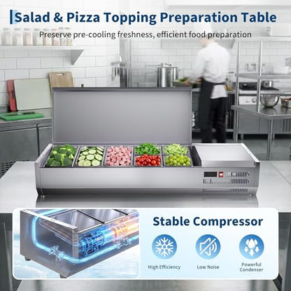IDEALHOUSE Condiment Prep Rail Station, 140W Countertop Refrigerated Condiment Station, with 3 1/3 & 4 1/6 Pans, 304 Stainless Body and PC Lid, Sandwich Prep Table with Glass Guard, ETL Certified - size: E55TW-G