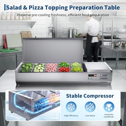 IDEALHOUSE Condiment Prep Rail Station, 140W Countertop Refrigerated Condiment Station, with 3 1/3 & 4 1/6 Pans, 304 Stainless Body and PC Lid, Sandwich Prep Table with Glass Guard, ETL Certified - size: E55TW-G