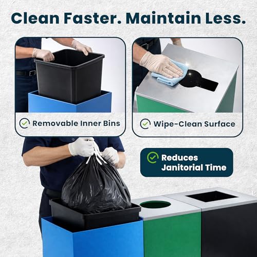 Alpine Indoor Recycling Bin -Commercial Trash Can Recycling Station Combo, Customizable 3 Compartment Metal, Large, Black, Blue, Green Recycle Trash Cans with Lids & Stickers for Office, Mall, Airport