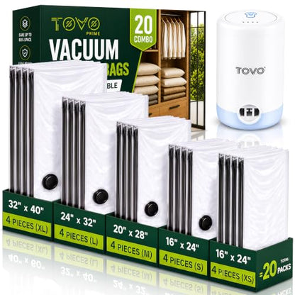 Compression Packing Bags with Rechargeable Air Pump, 20 Pack Combo Size Vaccum Bags for Luggage and Suitcase, Space Saver Vacuum Storage Bags for Clothes, Bedding, Blankets and Moving