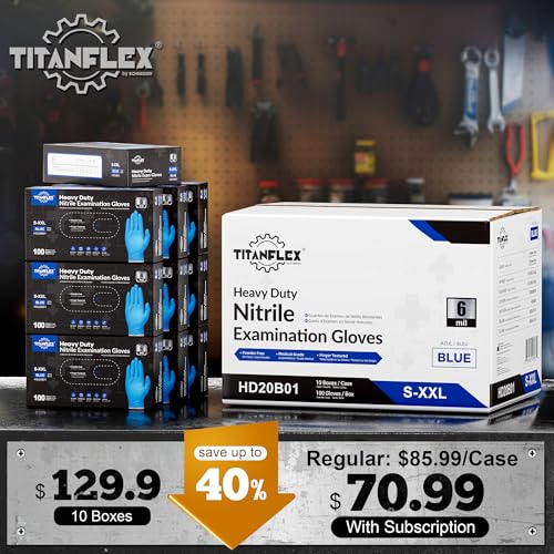 TitanFlex Nitrile Exam Gloves, Blue, 6-mil, Heavy Duty Nitrile Gloves, Mechanic Disposable Gloves, Latex Free, Powder Free - color: Blue - Large - Case of 1000