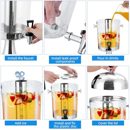 Commercial Beverage Dispenser with Ice Core, 2.2 Gallon Stainless Steel Drink Dispenser with Stand, Spigot and Drip Tray for Parties, Weddings & Catering Events - size: 2.2 Gallon